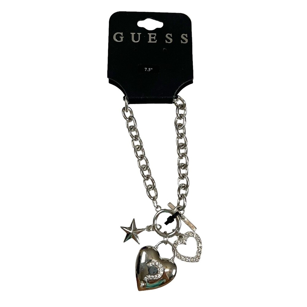 Guess Charm Bracelet Silver Clear Crystal Chain Heart Star Cross  7.5” NWT
